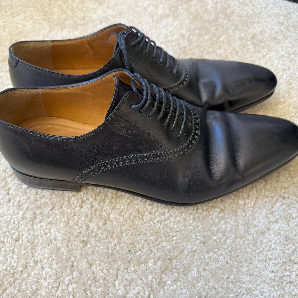 Genuine Gucci Men’s Black Leather Dress Shoes 7G 8.5USA Lace Oxford 269646 - Picture 2 of 4